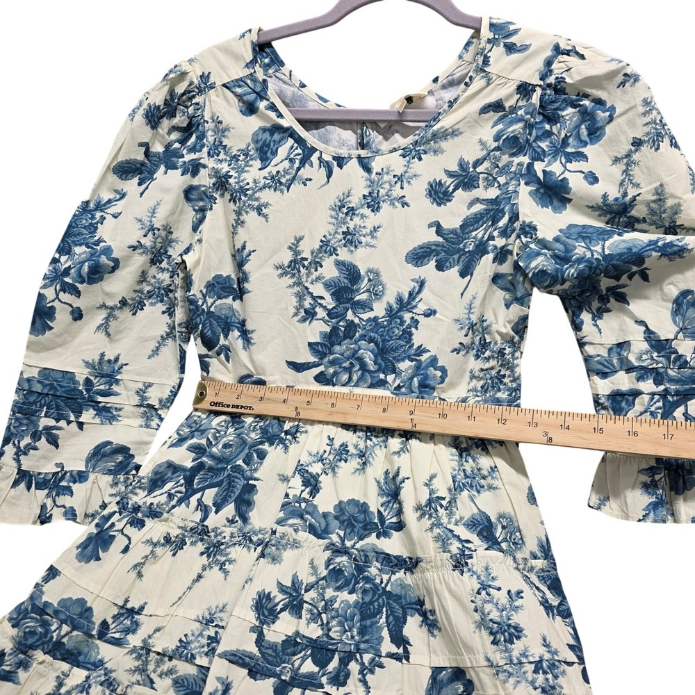 LoveShackFancy Blue Floral Toile Cotton Tiered‎ Ruffle Mini Dress Womens Size 0 - Picture 4 of 7